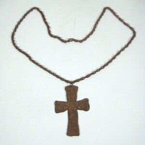 Handmade Copper Cross Pendant Necklace Floral Design Hammered CVG 30 inch Vintag